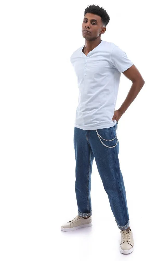 94601 Simple Soild Buttoned V-Neck Sky Blue T-Shirt