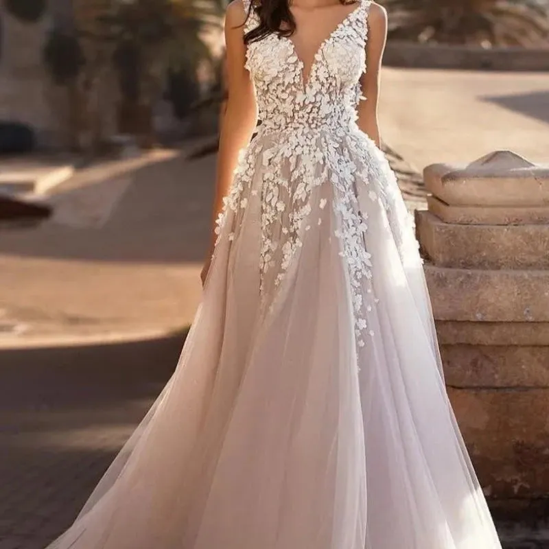 Beach Bridal V Neck Flowers Tulle Wedding Dress WD1002