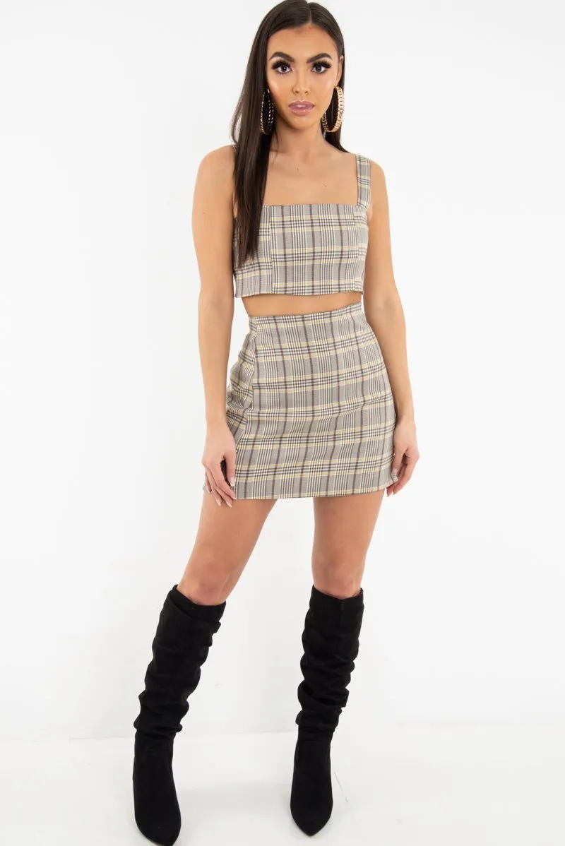 Beige Checked Bodycon Mini Skirt - Adaya