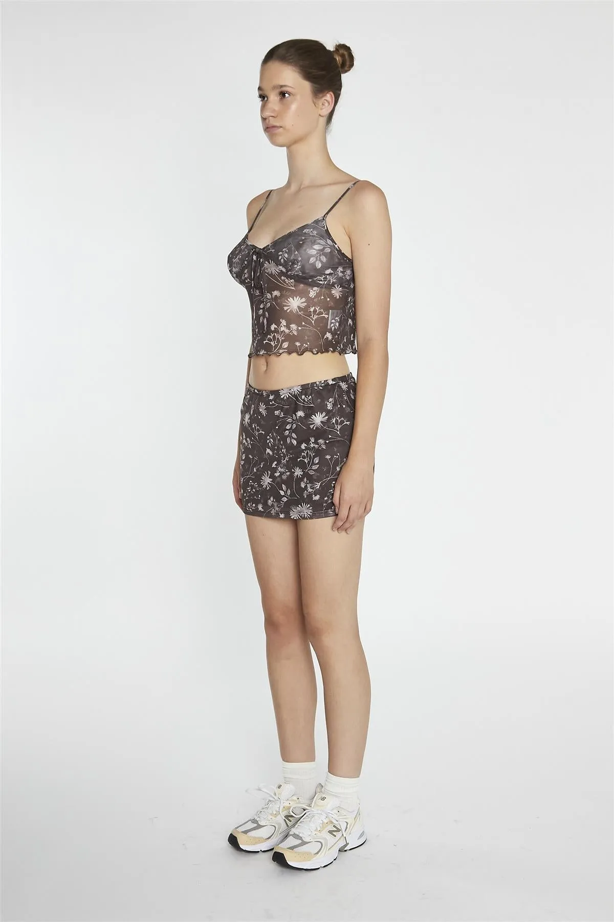 Brown-Floral Mesh Bodycon Mini-Skirt