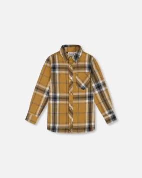 Button Down Flannel Shirt With Pocket Plaid Golden Yellow And Gray