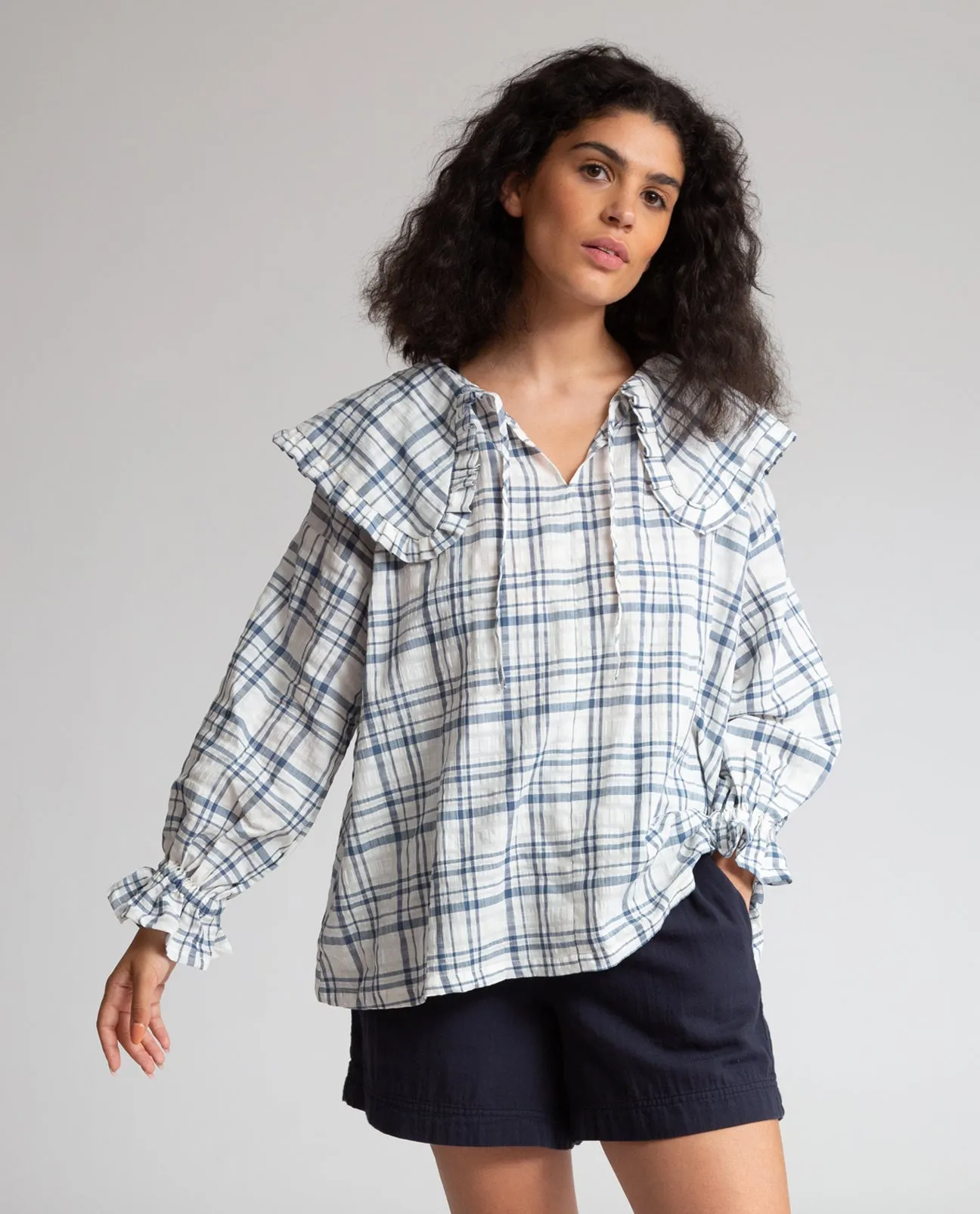 Camilla-Marissa Linen and Cotton Blouse in Navy & White Check