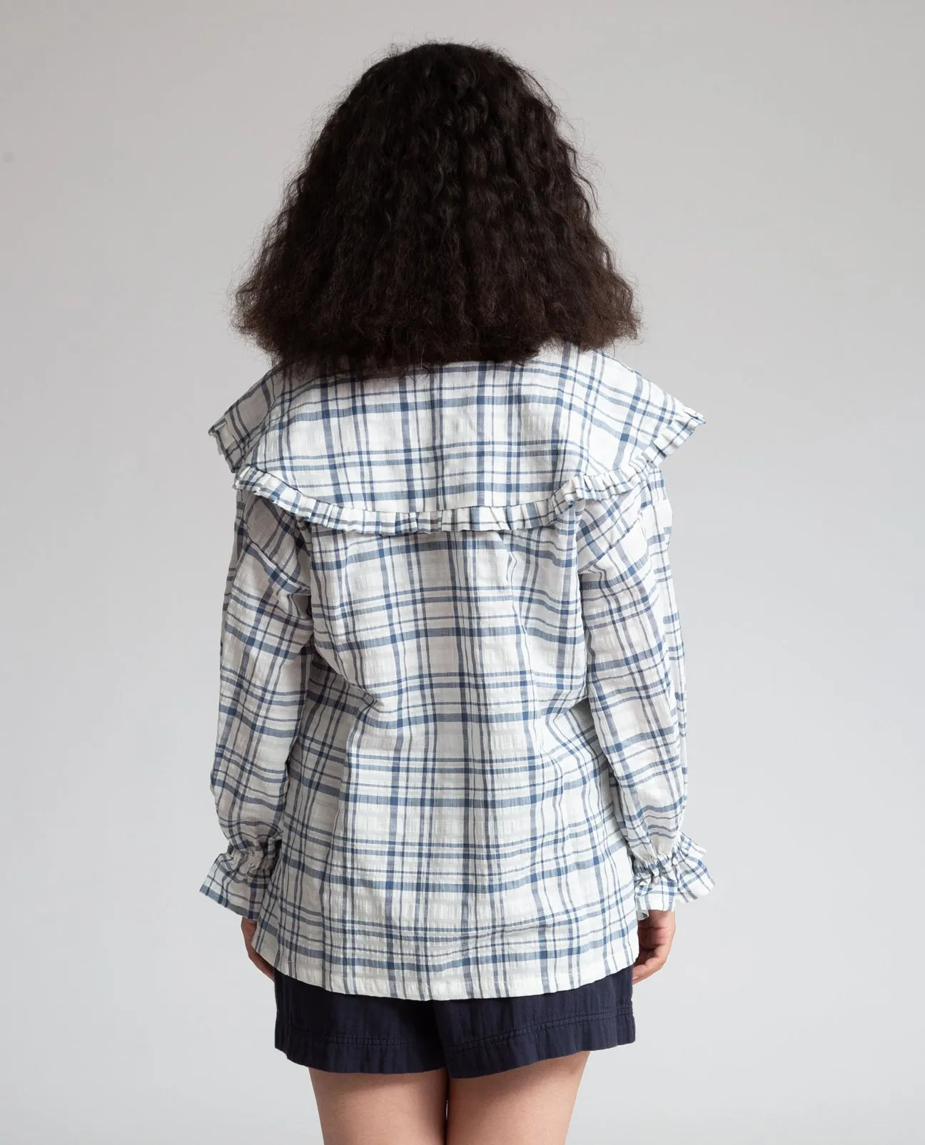 Camilla-Marissa Linen and Cotton Blouse in Navy & White Check