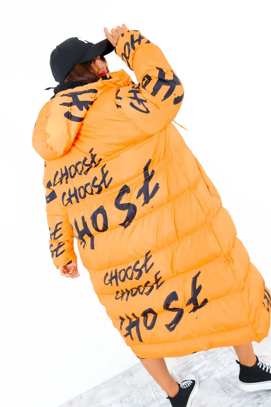 Choose You - Orange Hooded Graffiti Puffer Coat