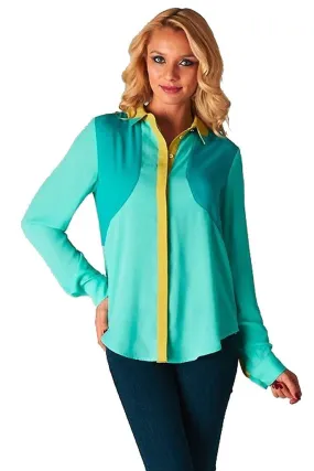 Esley Mint Green Colorblock Long Sleeve Women's Work Wear Blouse