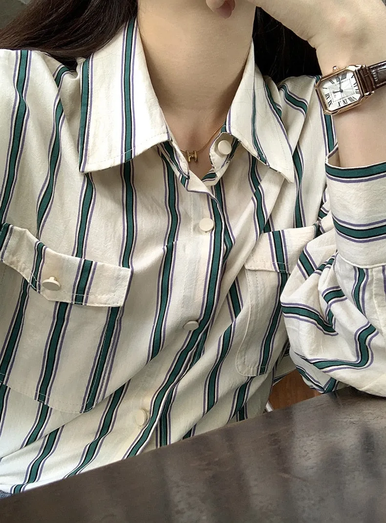 [Korean Style] 2 Color Loose Fit Cropped Shoulder Pocket Striped Shirts