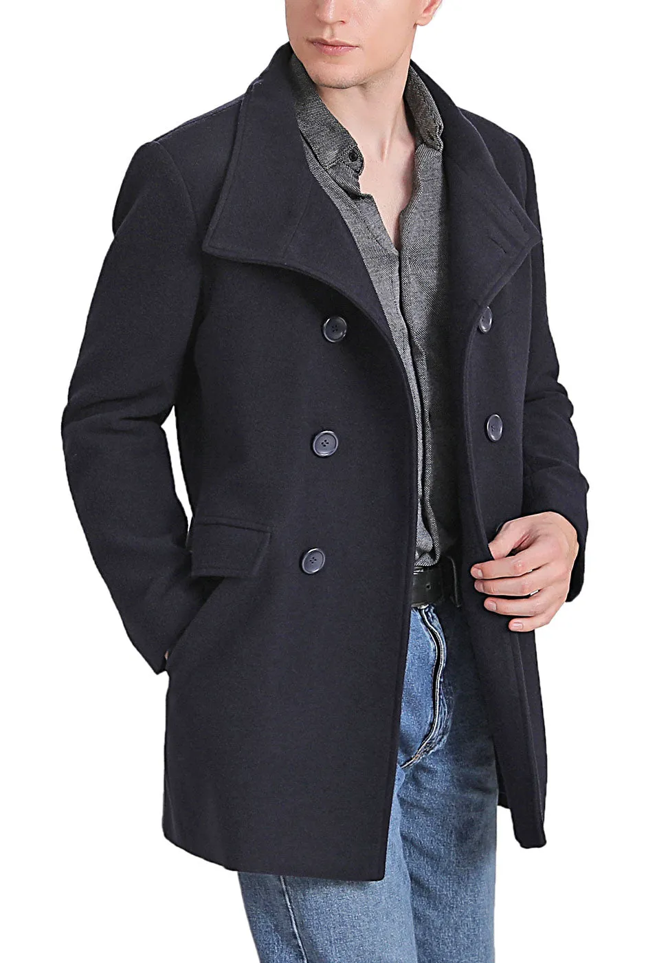 Landing Leathers Men Wing Collar City Wool Blend Pea Coat