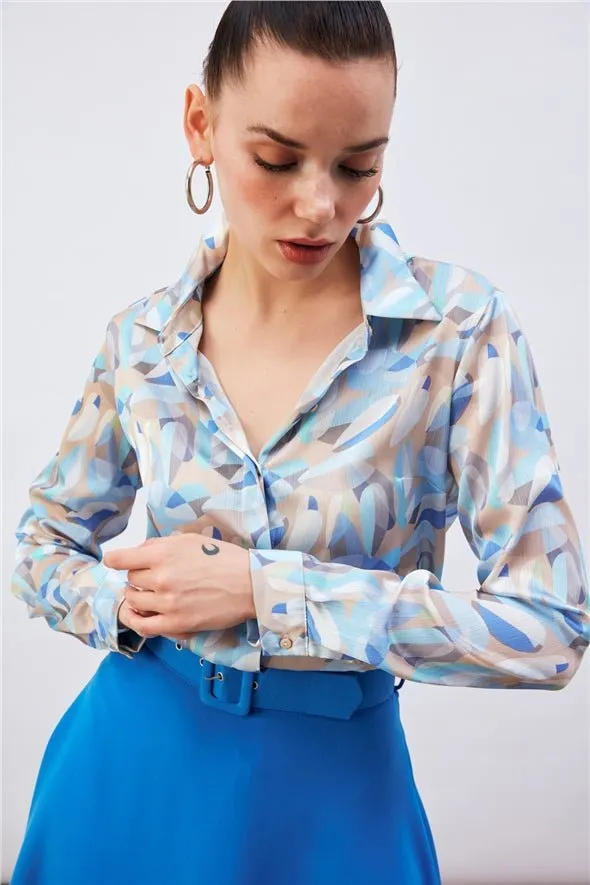 Patterned Satin Silk long button down Shirt - Baby Blue-Multi