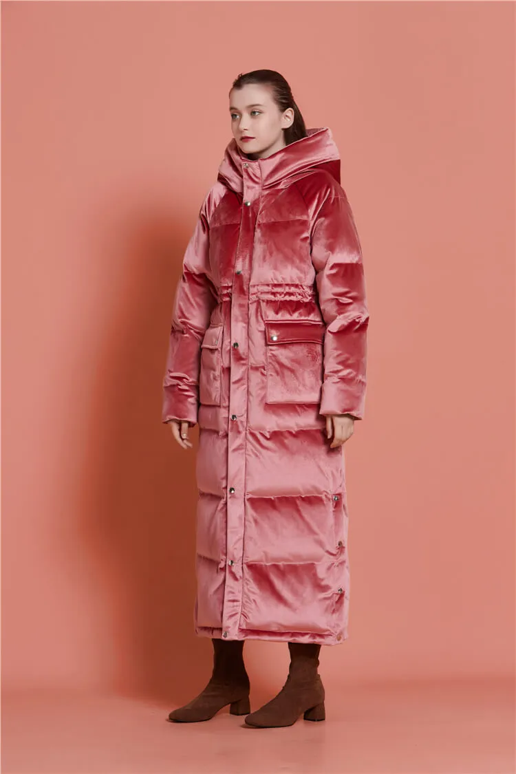Luxurious Velvet Hooded Maxi Puffer Coat with Goose Down